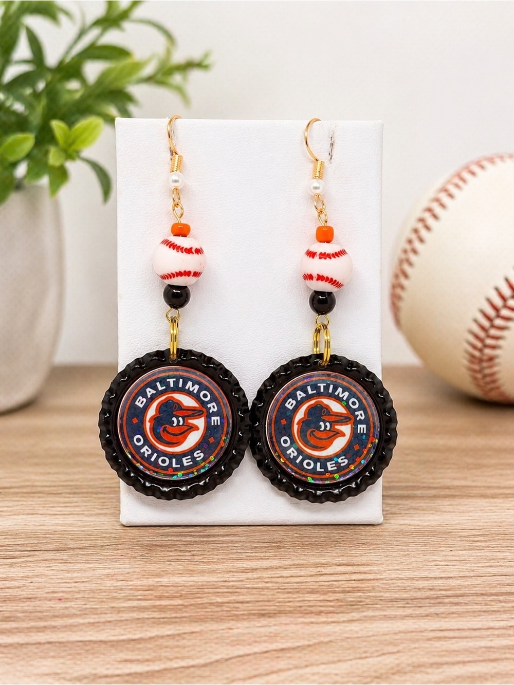 Baltimore Orioles Inspired Baseball Dangle Earrings - Black, Orange, White